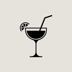 Cocktail Glass Icon – Drink with Straw and Lemon Slice Vector Illustration