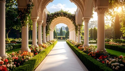 Royal garden with flower-draped columns