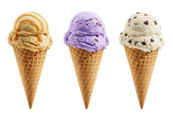 This high-resolution image showcases three classic waffle ice cream cones arranged in a clean, balanced row against a white background. Each cone features a perfectly scooped portion of premium ice cr