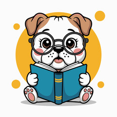 Cute Bulldog Reading Book Cartoon – Smart Dog Mascot Vector Illustration with Glasses