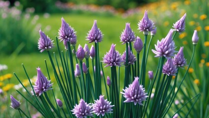 Obraz premium Purple flowers blooming in a garden with green grass and blurry yellow flowers in the background.