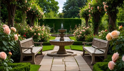 Rose garden with fountain and benches