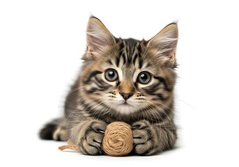 Obraz premium Adorable kitten playing with yarn ball, pure innocence