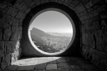 Monochrome circle view of vibrant landscape through stone window black-and-white photo serene environment scenic overlook