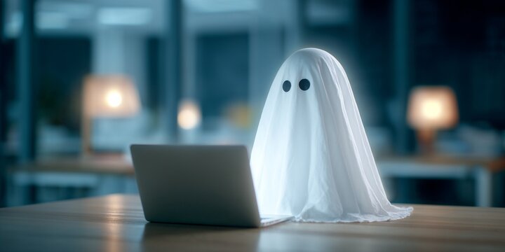 Ghost in white sheet using laptop in dark office - Powered by Adobe