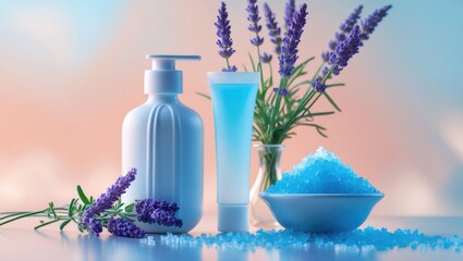 Aromatherapy and skincare products with lavender flowers and lavender-scented bath salts for relaxation.