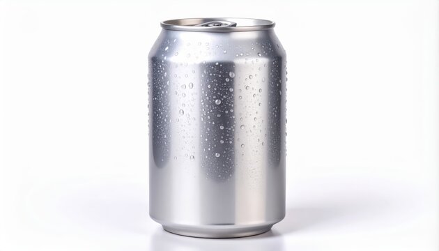 A refreshing cold beverage can, covered in condensation drops on a white background
