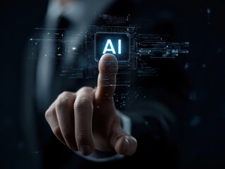 Businessman interacts with generative AI interface using prompt input to create content,Visuals, innovative ideas. Advanced technology, artificial intelligence,Creativity tools in digital work.