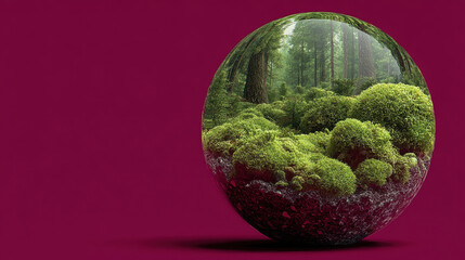 Glass sphere reflecting lush forest scene with green moss and trees, creating surreal natural