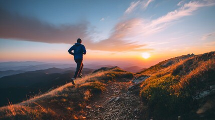 Fototapeta premium A lone runner silhouetted against a vibrant sunset, conquering a mountain trail. Fitness, freedom, and scenic views combine in this active scene.
