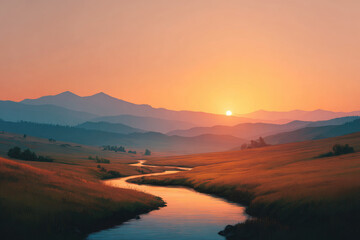 Fototapeta premium Serene sunrise over a calm river in a lush landscape nature's beauty at dawn captured light and colors of a tranquil sunset