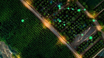 Aerial view of farmland showcasing vibrant crops divided by a dirt road, connected by futuristic technological visualizations.