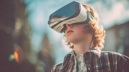 Experiencing virtual reality with futuristic goggles. Immersive technology transports you to another world. Excitement and exploration await.