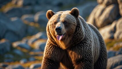 Obraz premium A bear in a rocky landscape with sunlight, looking friendly with its tongue out.