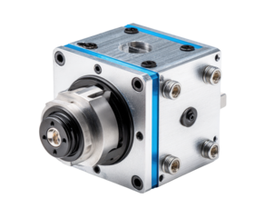 Precisely engineered, light-gray metal cube-shaped device with  blue accents, featuring multiple fasteners, a central rotating component, and a complex assembly