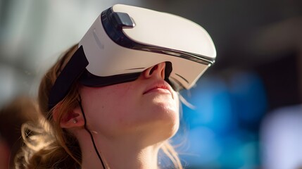 Experience virtual reality with immersive technology. Woman with VR headset exploring simulated environment and engaging with interactive digital world.