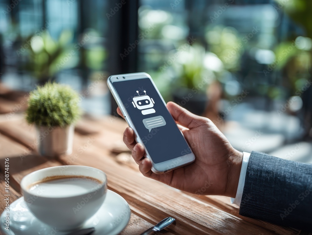 Poster businessman uses ai chatbot on smartphone for digital communication and customer service. smart virt