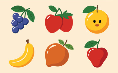 Set of fresh fruits and berries vector illustration with apples bananas oranges strawberries cherries pears and more