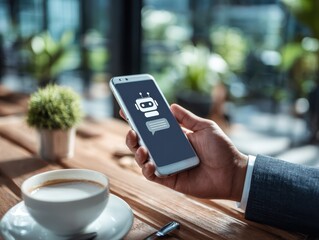 Businessman uses AI chatbot on smartphone for digital communication and customer service. Smart virtual artificial intelligence assistant, Intelligent system in today business and daily life world.