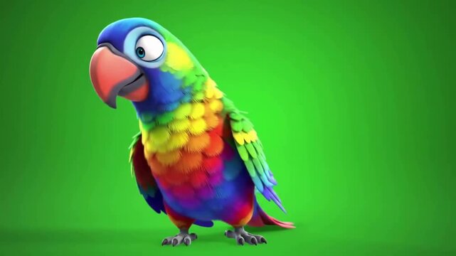 Colorful animated parrot character with vibrant feathers against a bright green background