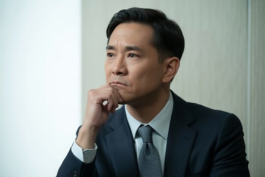 Thoughtful businessman contemplating strategy in modern office, planning future success with a determined expression, leadership mindset