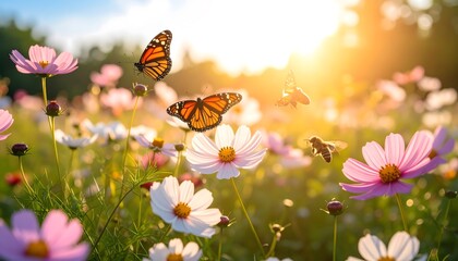 Vibrant butterflies and bees in flower