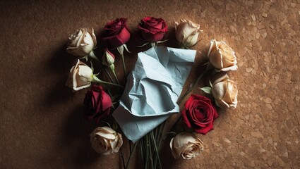 A crumpled blue paper surrounded by roses in red and white arranged in a heart shape on a textured surface.