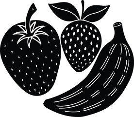 Minimal Fruits Linocut Illustration &ndash; Apple, Banana and Strawberry Handcrafted Print