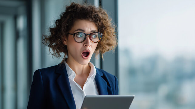 Surprised businesswoman with tablet reacts to unexpected news