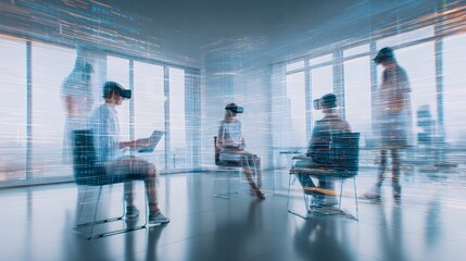 People exploring virtual reality in a brightly lit, modern office setting, using advanced VR technology for immersive experiences.