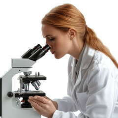 Caucasian female laboratory assistant or medic in white coat works examining on microscope tests or samples, medical laboratory concept, isolate on transparent white background