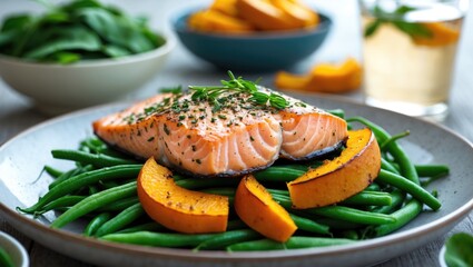 Grilled salmon fillet with green beans and pumpkin slices on a plate. Fresh vegetables and healthy meal concept. Nutritional food and balanced diet.