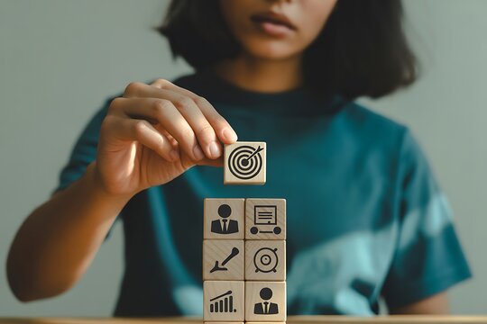 Woman builds a goal oriented business strategy with wooden blocks for success and achievement with a motivational future vision