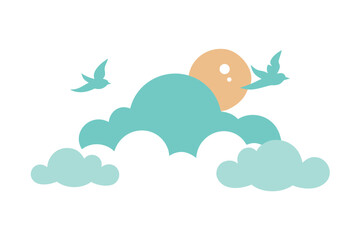 Dreamy Sky with Stylized Birds and Clouds White Background