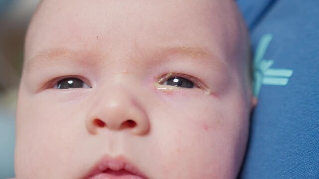 Baby eyes with eye mucus in selective focus. Disease tear ducts tons of newborns close up. Nasolacrimal duct obstruction in baby it is a blockage of the lacrimal drainage system. 