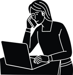 Working on Laptop or Talking on Phone Illustration &ndash; Minimal Modern Office Art