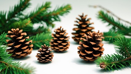 Pinecones and pine branches arranged on a white surface. Nature, winter, and holiday decoration. The image of pinecones and evergreen branches.