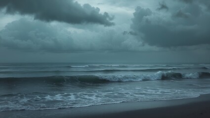 Rough sea on a cloudy day with waves crashing onto the shore. Moody weather and ocean scene, with dark clouds and stormy atmosphere.