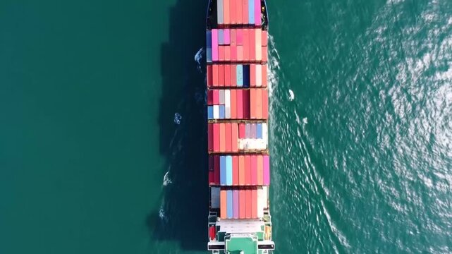 Aerial View: Cargo Ship Sailing on Open Ocean with Colorful Containers