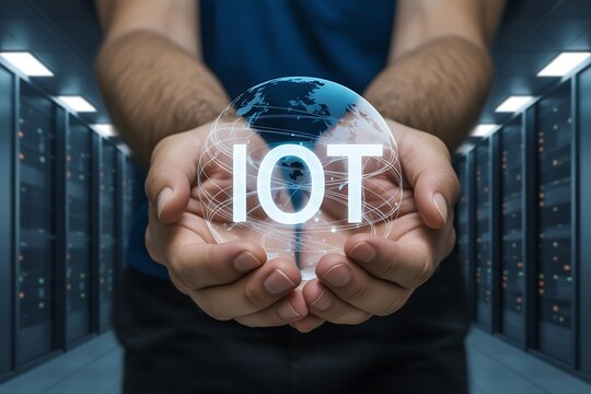 Embrace the future of connectivity with IoT globe in hands against server room backdrop, showcasing innovation and digital transformation - Powered by Adobe