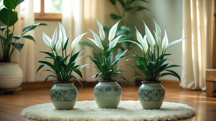 Fototapeta premium Three potted white flowering plants placed on a fluffy rug in front of a window. Greenery and interior decor, indoor plants, home decor concept.