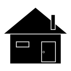 A black and white vector-style image of a simple house. The silhouette features a classic triangular roof, a small window, a front door with a doorknob, and a chimney on the right side.