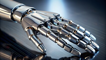 Silver AI Robot Hand on Metallic Background – Futuristic Technology Concept