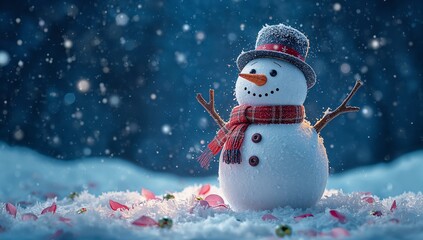 Fototapeta premium A cheerful snowman wearing a red scarf and hat, surrounded by falling snow and glowing lights, festive winter holiday scene