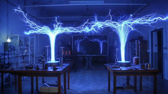 Electrifying Science: Captivating display of artificial lightning, illuminating the lab with vibrant blue energy. A spectacle of scientific wonder.