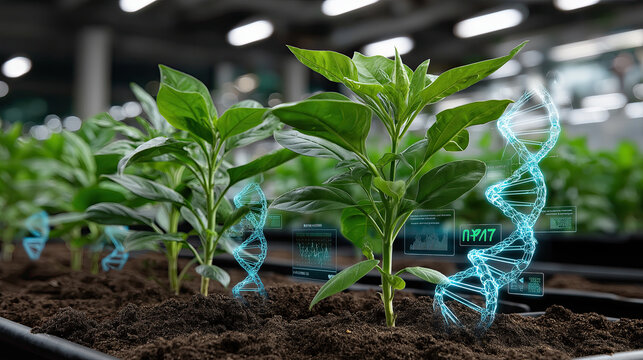 Innovative plants growing in greenhouse with digital DNA strands and data overlays, showcasing advanced agricultural technology and biotechnology