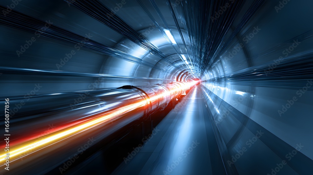 Poster futuristic tunnel with a vibrant streak of red and orange light speeding through, creating a dynamic