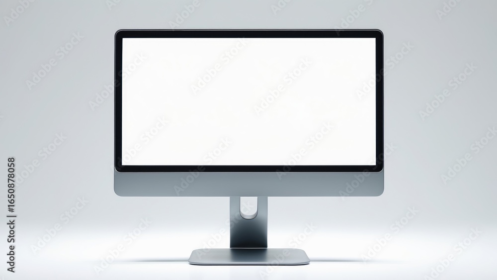 Poster a modern computer monitor with a blank white screen on a desk against a light background.