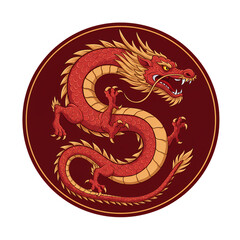 Majestic red and gold Chinese dragon emblem with fierce expression in circular frame, symbolizing power and good fortune
