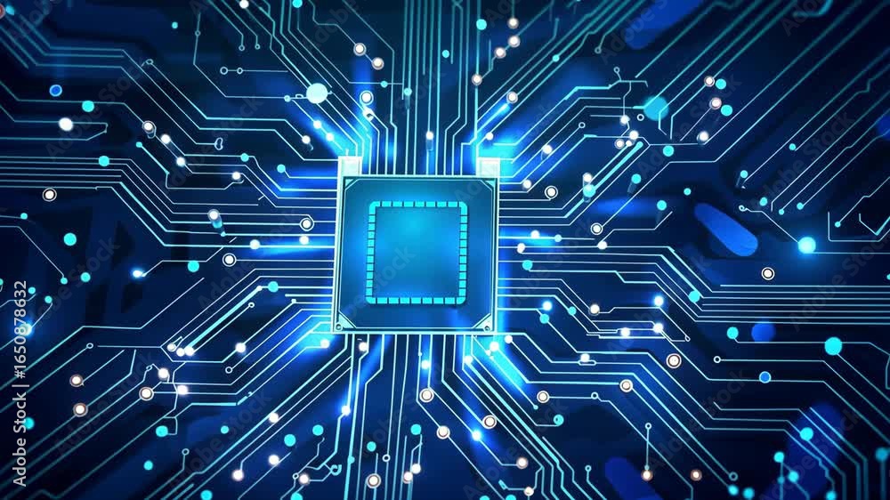 Poster tech background with connected circuit lines, semiconductor vector